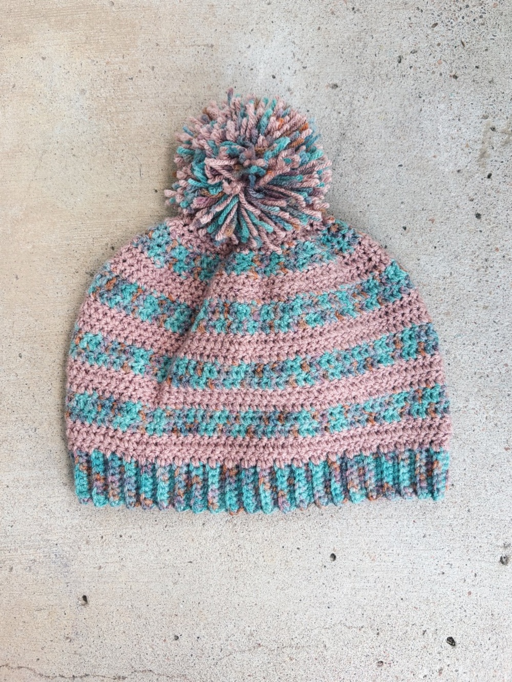 Handmade Crocheted Winter Hat in Pink, Teal, and Purple